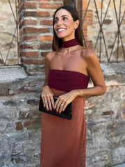 Elegant Ribbon Patchwork Off-Shoulder Strapless Maxi Dress