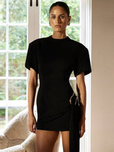 Short Sleeve Draped Black Metal Buckle Mini Dress