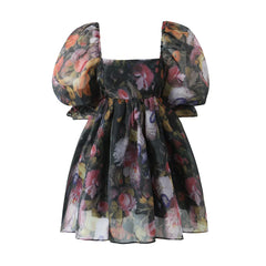 Black Floral Print Square Collar Puff Sleeve Mini Dress
