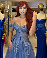 Grey-blue Glitter 3D Flowers Tulle Prom Dress