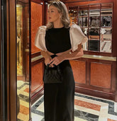 Patchwork Puff Sleeve Hollow Out Long Dress