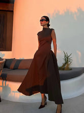 Slanted Collar Solid Pleated Long Dress