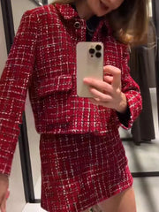 Plaid Lapel Coat and Side Zipper Short Suit
