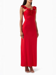 Red Flower Ruffles Strap Maxi Dress