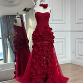 Red Flower Tulle Embroidered Strapless Maxi Dress
