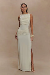 Backless Ruched O Neck Thigh High Split Long Dress