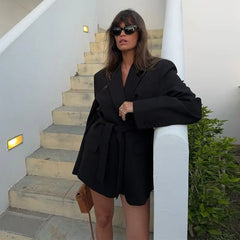 Lace-up V Neck Solid Blazer Dress