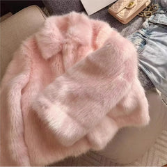 Pink Faux Fur Warm Furry Short Jacket Outerwear