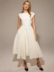 White Backless Solid Hollow Out Pleated Dress