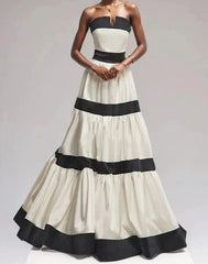 Colorblock Patchwork Bow Strapless Long Dress