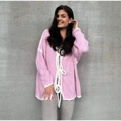 Oversized Hollow Contrast Bow Lace-Up Knitwear Cardigan