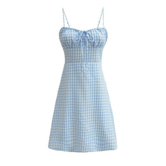 Spaghetti Strap Tie Up Plaid Pink Midi Dress