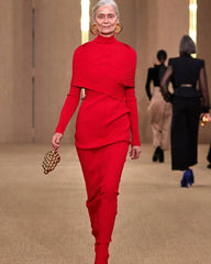 Red Bandage Turtle Neck Cross Design Long Dress