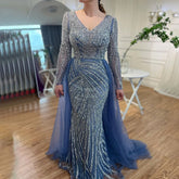 Blue Mermaid Beaded Long Sleeves Evening Gown
