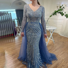 Blue Mermaid Beaded Long Sleeves Evening Gown