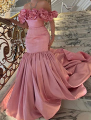 3D Flower Open Shoulder Pink Prom Dress
