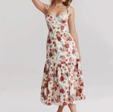 Flower Print Corset Style Ruffles Hem Midi Dress
