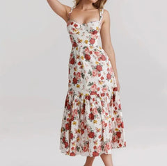 Flower Print Corset Style Ruffles Hem Midi Dress