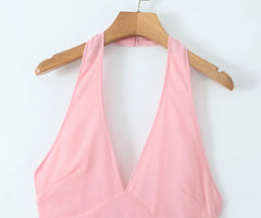 Pink Deep V Collar Halter Sling Midi Dress