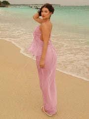 Mesh Irregular Ruffles Backless Tops and Long Skirts Suits