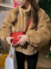 Faux Lamb Fur Coat with Zipper