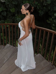 Mesh White Spaghetti Strap Hollow Out Dress