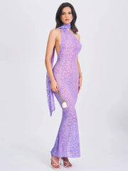 Purple Sheer Halter Draped Open Back Long Dress