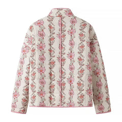 Pink Flower Print Stand neck Quilted Jacket