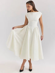 White Backless Solid Hollow Out Pleated Dress