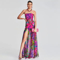 Strapless Retro Print Split Long Dress