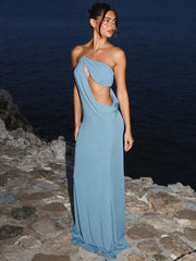 Halter Skew Collar Hollow Out Backless Long Dress
