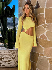 Knitted Hollow Out Solid O-neck Slit Maxi Dress