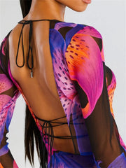 Chiffon Printed Backless Lace-Up Maxi Dress for Women