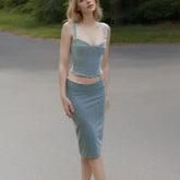 Spliced Lace Top Low Waist Midi Skirt Suits