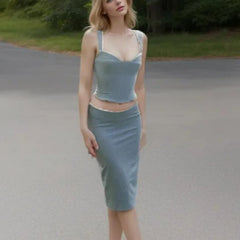 Spliced Lace Top Low Waist Midi Skirt Suits