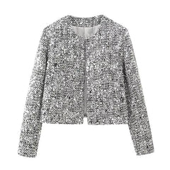 Silver Sequin Embellished Round Neck Short Coat