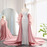 White Sequin Mermaid Evening Gown with Feather Cape