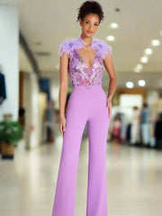 Ärmelloser Pailletten-Federn-Jumpsuit für Damen in Lavendel