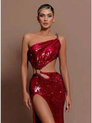 One Shoulder Mesh Sequins Red Maxi Dress