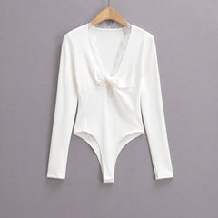 Spliced Lace Bow V neck Jersey Long Sleeve Bodysuit