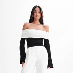 Off-Shoulder Patchwork Contrast Cropped Top