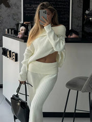 Knitted One-Shoulder Long Sleeves Sweater Skirt Suit