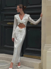 Sequins White Hollow Flower Design Long Dress