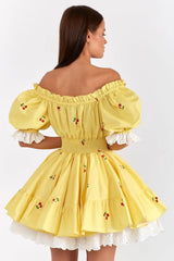 Minikleid mit Print, Puffärmeln, Rüschen und Schnürung