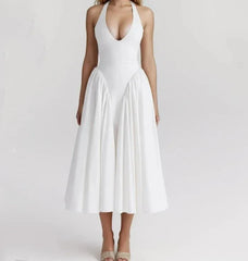 White Bow Halter Neck Pleated Midi Dress