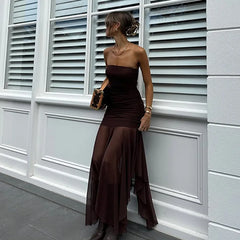 Brown Off-shoulder Strapless Long Dress