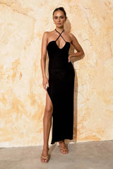 Solid Backless Halter Knit Slit Maxi Dress