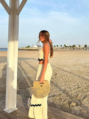 White and Black Stripe Crop Top Long Skirt Suit