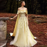 Yellow Satin Evening Gown with Cape
