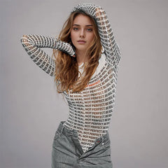 Print Letter Long Sleeve Round Neck Romper